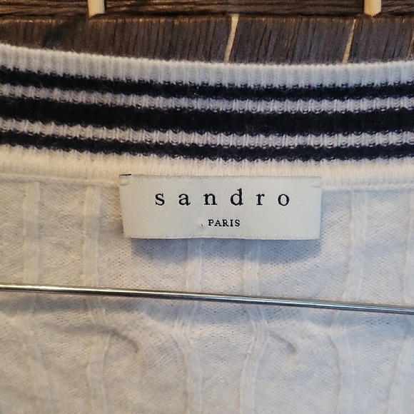 Sandro White V-Neck Sweater with Black Trim - Picture 2 of 9